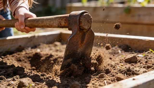 Rustic hoe chopping loose soil in raised garden bed, hands cultivating backyard plot