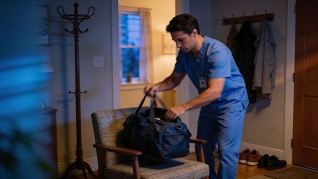 Night-shift nurse in scrubs placing duffel bag on chair in home entryway wearing id badge