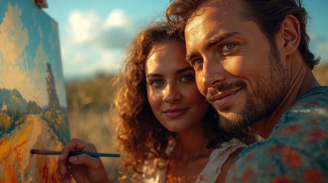 Romantic couple painting together in golden hour meadow close-up intimate portrait