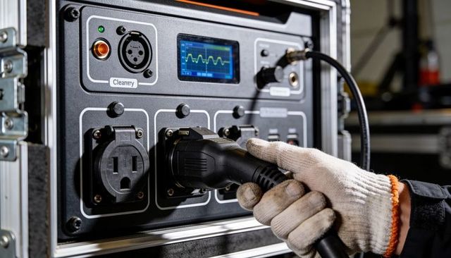 Gloved hand inserting locking power plug into power distribution panel with meter readout