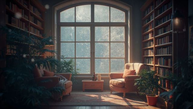 Cozy Library Nook with Snowy Window and Armchairs Creating Hygge Ambience