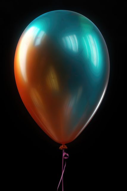 Metallic blue and orange party balloon on black background, created using generative ai technology. Celebration and party time, digitally generated image.