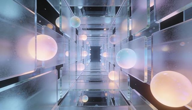 Drifting glowing pastel orbs through futuristic glass corridor with mirrors and acrylic