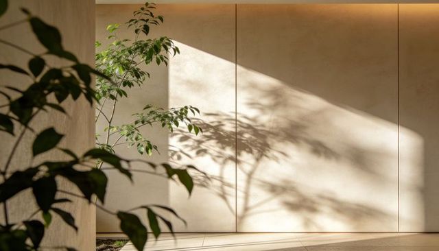 Slim indoor tree casting crisp shadow on beige panel wall in minimal sunlit interior