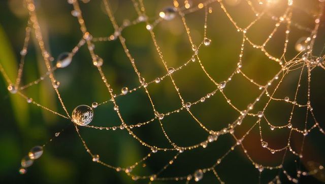 Sunlit dew-draped spider silk web reflecting golden morning light with crystal water droplets