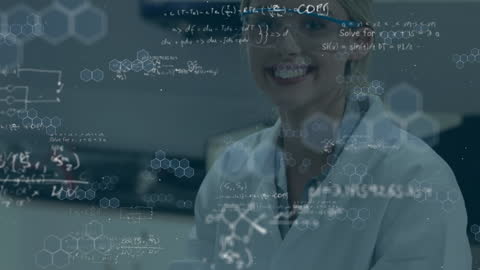 Smiling Female Scientist with Scientific Data Overlay
