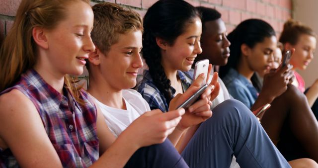 Diverse Teenagers Using Smartphones While Sitting Together - Download Free Stock Images Pikwizard.com