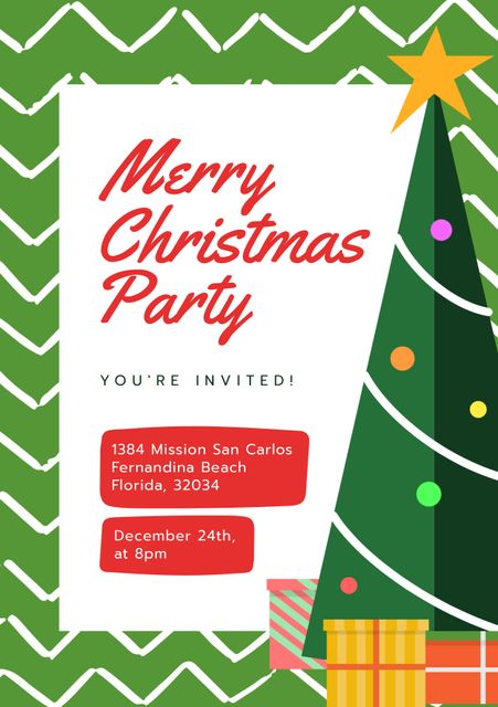Festive invitation suitable for inviting guests to a Christmas party. Design features a stylish Christmas tree with star and gifts on a green, zigzag background. Ideal for social media posts, email invites, or printed invitations.