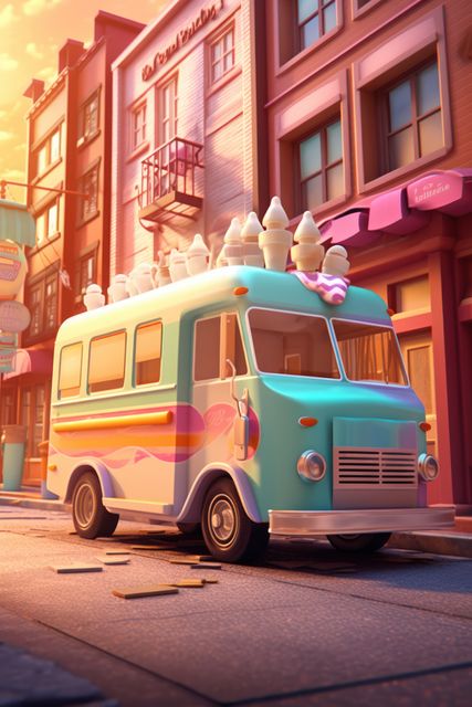 Pink and blue retro ice cream truck in town, created using generative ai technology. Ice cream truck, summer and vintage concept digitally generated image.