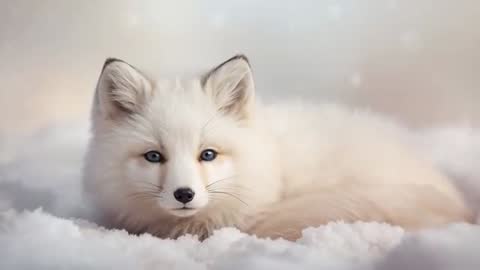 Arctic fox kit lifting head, twitching ears and peering with blue eyes through snowy pastel bokeh