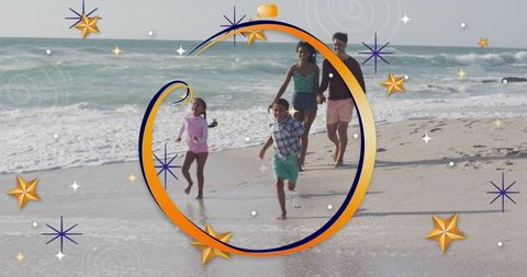 Family sprinting through sand on sunny beach adventure