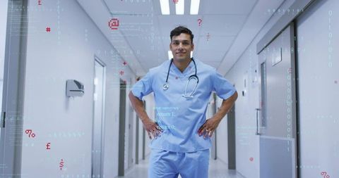 Male nurse standing in hospital corridor in blue scrubs with stethoscope, digital health overlay