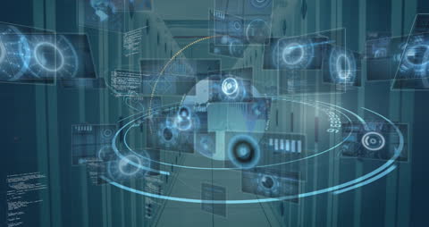 Futuristic Globe and Data Interface in Virtual Server Room