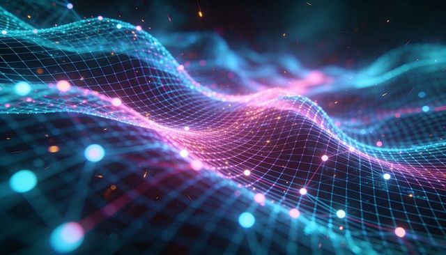 Undulating neon wireframe showing futuristic data mesh flowing through cyberspace