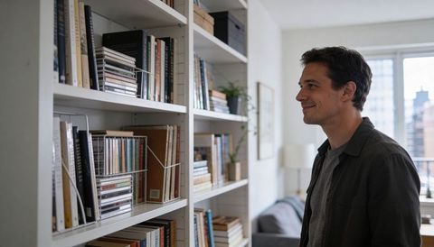 Man standing beside modern white bookcase in sunlit apartment browsing books and smiling