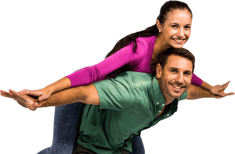 Smiling Couple Piggyback Ride with Transparent Background