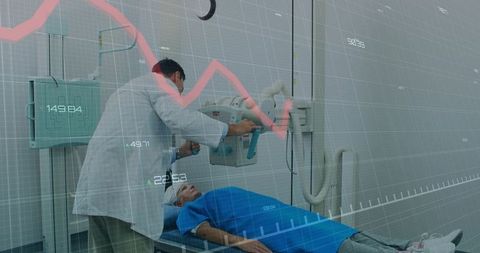 Doctor Preparing Patient for X-Ray Examination with Stock Chart Overlay