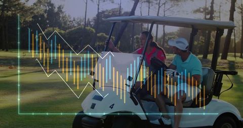 Friends Exploring Course, Golf Cart Overlay with Data Visuals