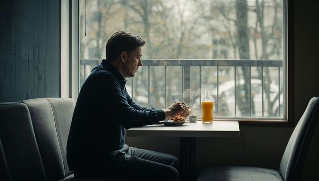 Man eating pastry at window booth with orange juice in moody urban cafe