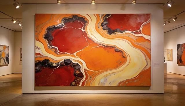 Vibrant orange and red abstract canvas displayed in contemporary gallery with spotlights