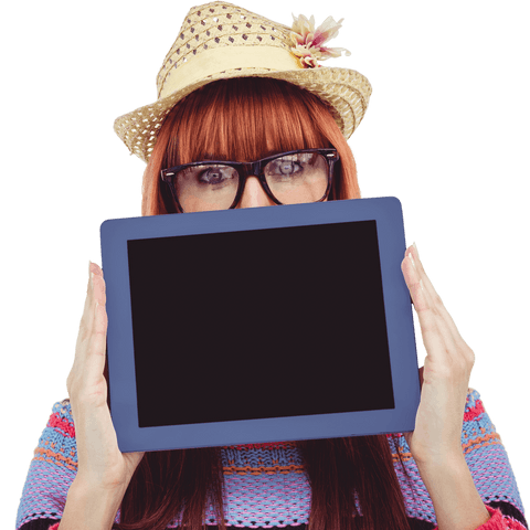 Fashionable Hipster Woman with Hat Holding Transparent Tablet
