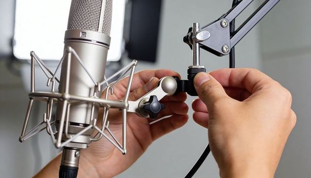 Hands tightening condenser microphone on boom clamp in home studio for podcasting
