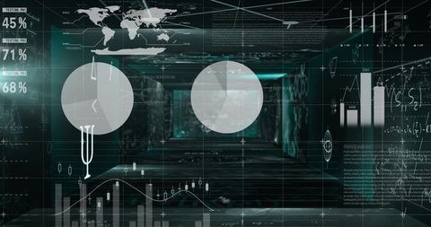 Futuristic AR HUD Overlay Projecting World Map, Gauges and Candlestick Charts in Dim Corridor