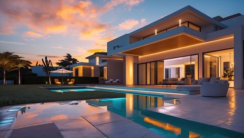 Modern luxury villa against sunset sky with elegant pool