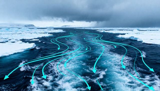 Arctic ocean currents tracing open-water channel through sea ice with cyan flow lines