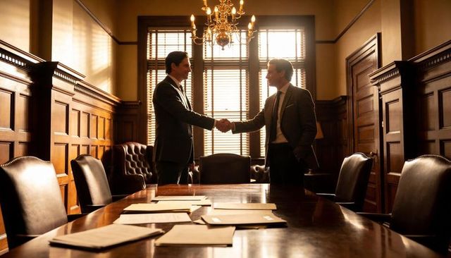 Executives shaking hands in wood-panelled boardroom closing corporate deal under warm light