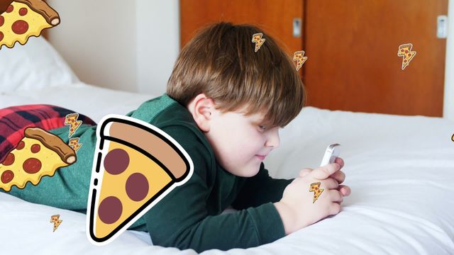 Child lying on bed focused on smartphone surrounded by playful pizza animations. This scene captures modern childhood technology usage and digital entertainment, making it ideal for themes like family leisure, tech savvy concepts, and light-hearted digital promotions.