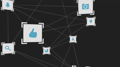 Digital Interface Icons with Connected Network Lines on Black Background