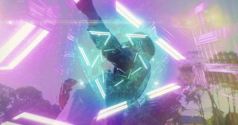 African American man in neon hexagon tunnel, futuristic double-exposure fashion portrait