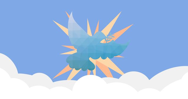 Abstract low poly illustration of a peace dove flying against a bright sky with sunburst and clouds in the background. Perfect for designs symbolizing peace, freedom, spirituality, or holistic concepts. Could be used in posters, greeting cards, web banners, or educational materials.