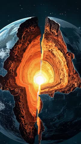 Vertical video showing Earth-like planet cracking open and revealing glowing molten core in space