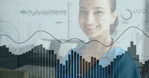 Smiling Clinician with Data Overlay in Healthcare Environment