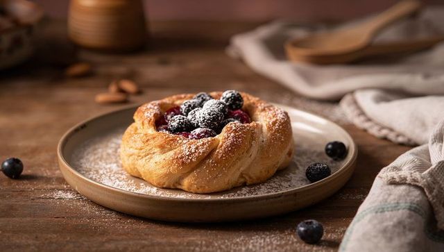 Braided blueberry danish sitting on ceramic plate with berry compote and powdered sugar