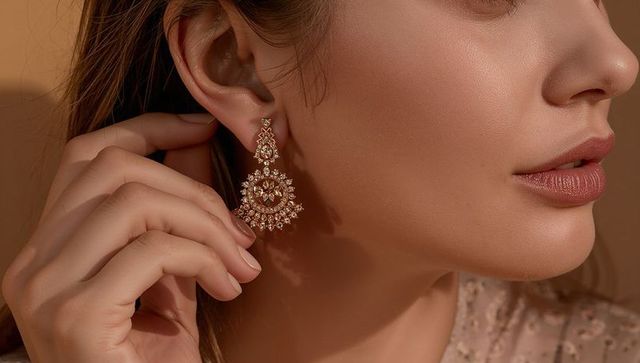 Woman adjusting ornate gold drop earring closeup wearing sequin top and delicate hand