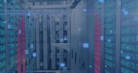 Apparent is a modern data center with towering rows of computer servers and superimposed circuit board patterns, emphasizing digital connections. Useful for illustrating concepts related to information technology, cloud computing, data management, cybersecurity, and advanced networking solutions in presentations or tech publications.