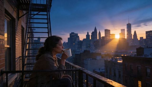 Woman sipping coffee on fire escape at sunrise overlooking urban skyline and rooftops