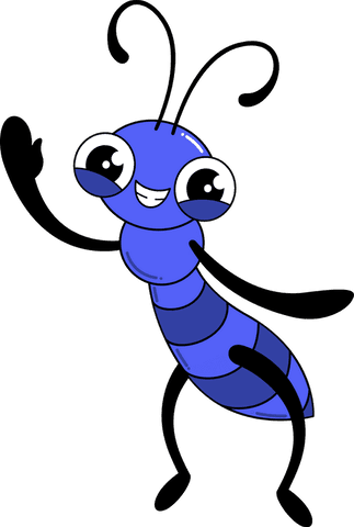 Cheerful blue cartoon insect waving on transparent background