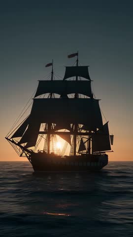 Three-Masted Tall Ship Sailing at Sunset Vertical Video — Silhouette Crossing Twilight Ocean