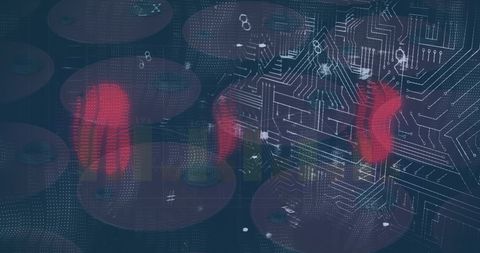 Cybersecurity concept with digital fingerprints on circuit board