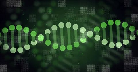Glowing green dna double helix with neon nodes, bokeh and geometric grid