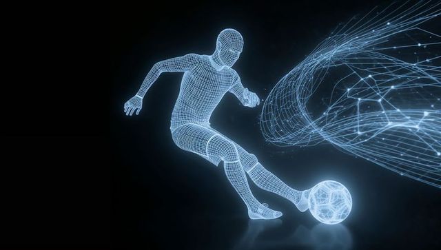 Kicking neon wireframe soccer player launching glowing data stream and holographic ball