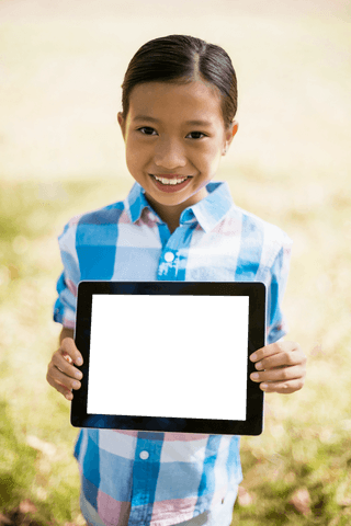 Girl Holding Transparent Digital Tablet Outdoors Smiling Brightly - Download Free Stock Videos Pikwizard.com