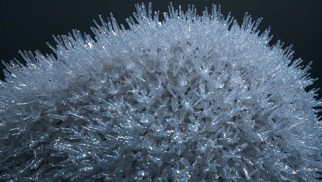 Sparkling frost crystal dome radiating needle ice crystals with blue morning glints