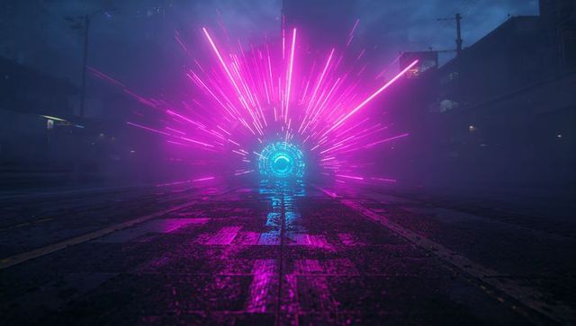 Neon portal illumination in foggy urban street