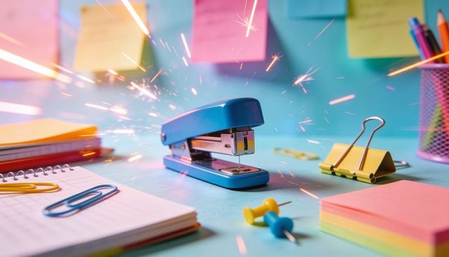Shining blue stapler sparking creativity on pastel stationery flatlay for back to school