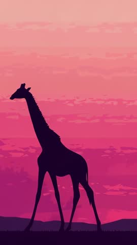 Giraffe pacing across savannah dusk with sun sinking behind hills — vertical wildlife video